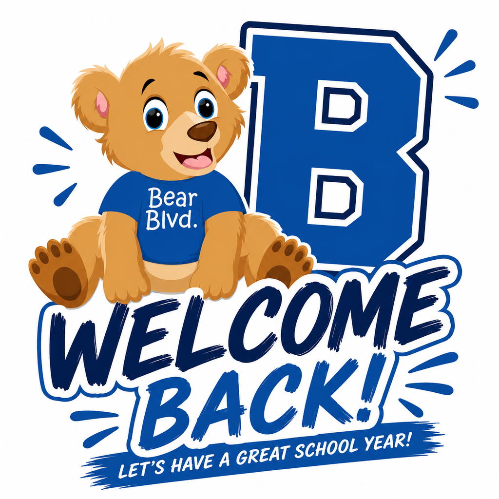 A bear mascot, wearing a blue shirt, is sitting below the letters "BD" and "WELCOME BACK!" with a blue outline.
