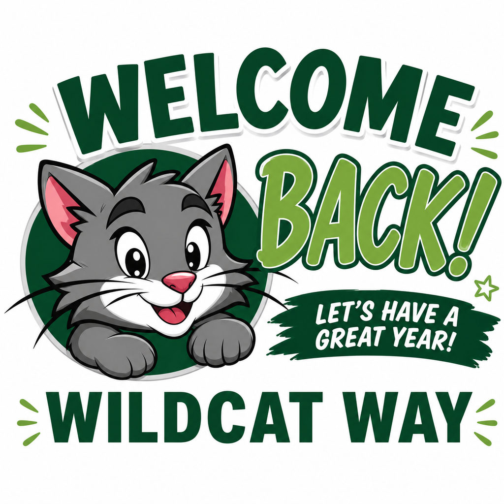 A cartoon gray cat with pink ears and nose, smiling and looking at the camera. Green text reads "Welcome Back!" and "Let's Have A Great Year!"