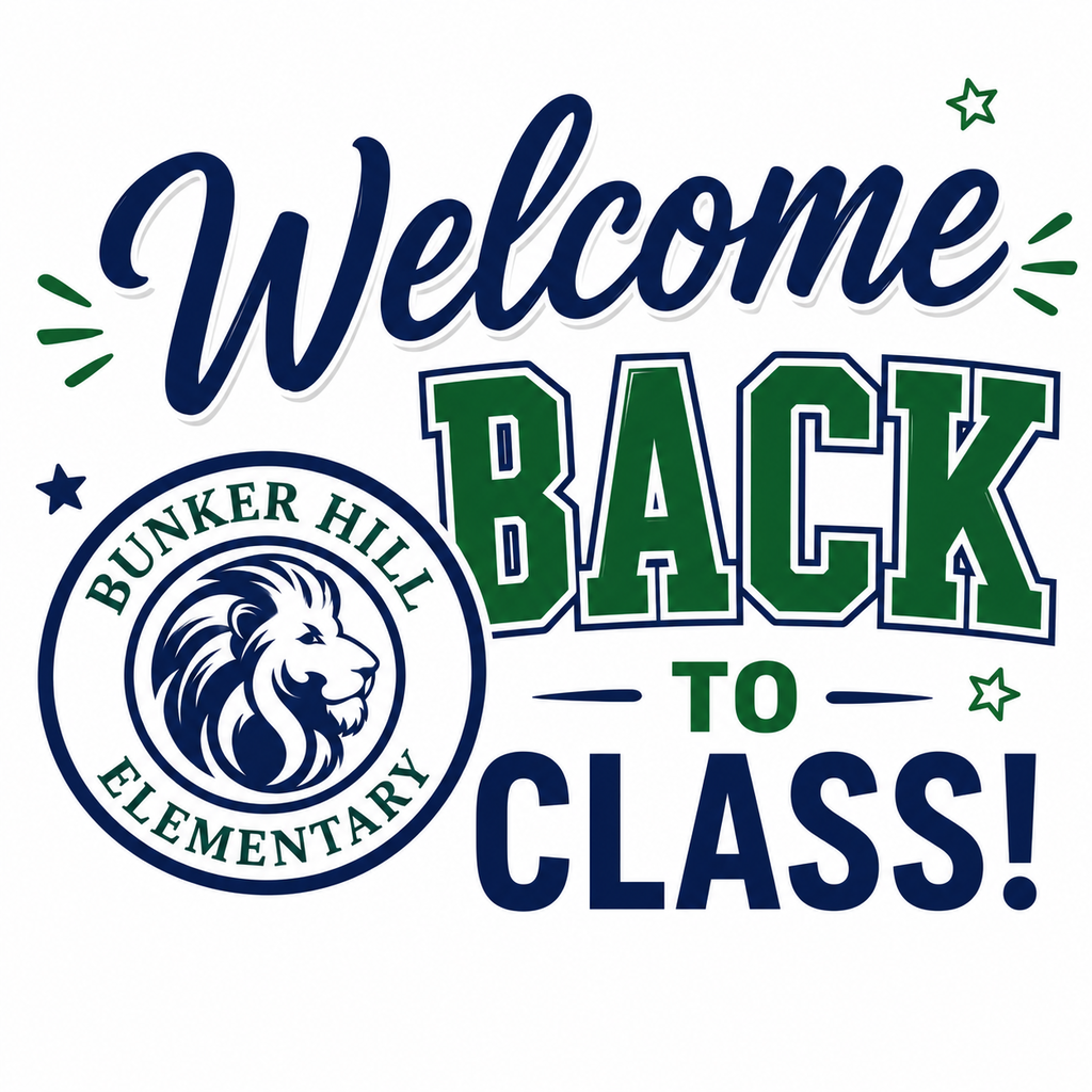 Blue and green text with a lion logo on the left. "Welcome BACK TO CLASS!" text and stars on white background.