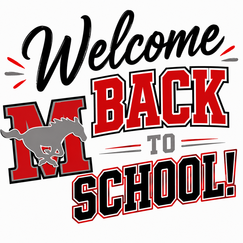 A school logo with "Welcome Back To School!" in red and black text. A horse jumps with an "M" on its body.