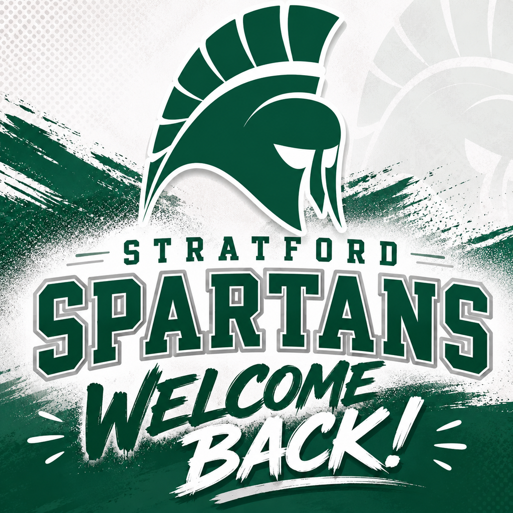 A green helmet logo with "STRATFORD" above it. The text "SPARTANS WELCOME BACK!" is prominently displayed.