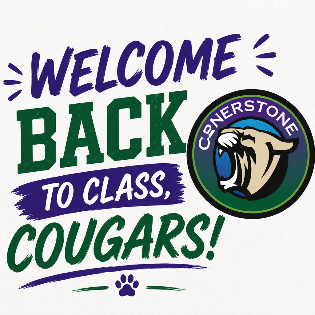 A logo welcomes students back to class with bold letters. "Welcome Back to Class, Cougars!" is on a white background.