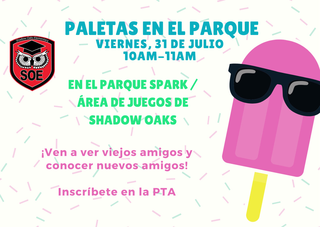 Bright pink popsicle with sunglasses on a white background. Text reads: "Paletas en el Parque Viernes, 31 de julio 10am-11am"