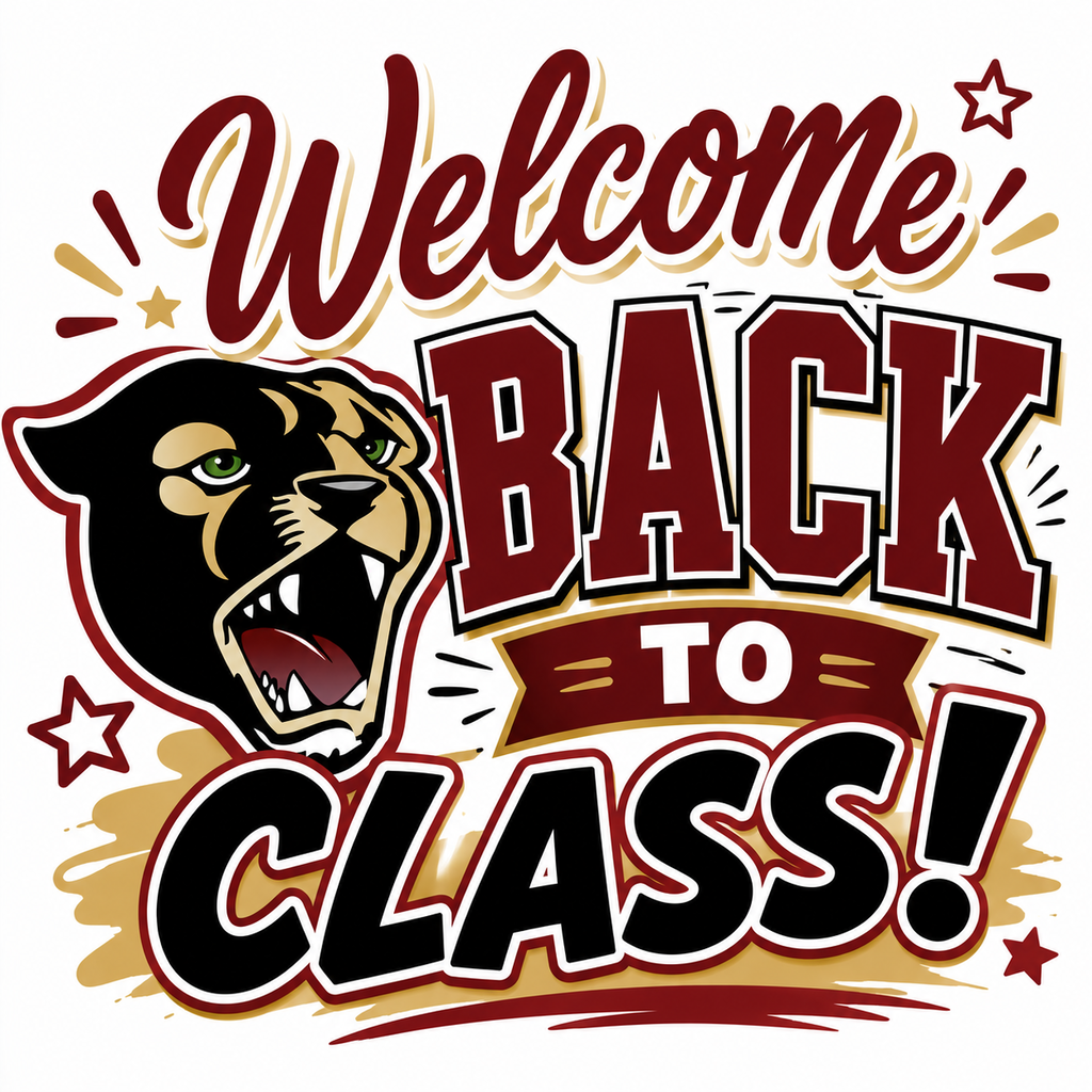 Bold red and black logo featuring a black panther head and the words "Welcome Back to Class!" on white.