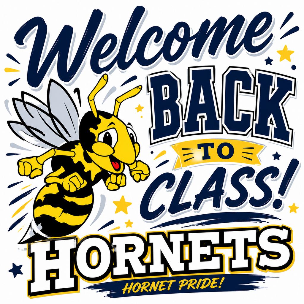 Graphic with a bee reading "Welcome Back to Class! Hornets" with "Hornet Pride!" underneath. Background with stars.