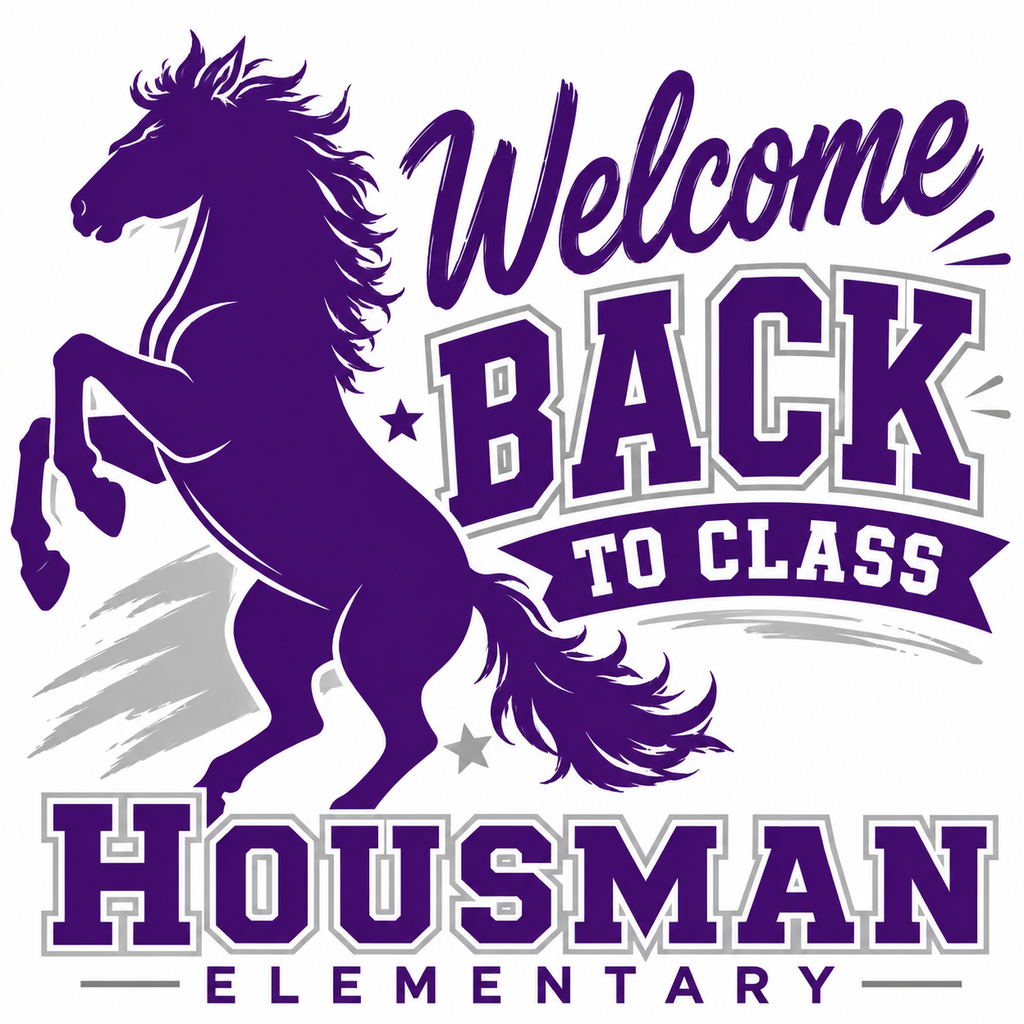 Logo featuring a purple horse in a rearing position, with text "Welcome Back to Class" and "HOUSMAN ELEMENTARY" below.