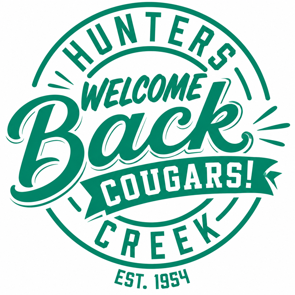 Logo for Hunters Creek with the words "Welcome Back Cougars!" and "Est. 1954" in green and white on a white background.
