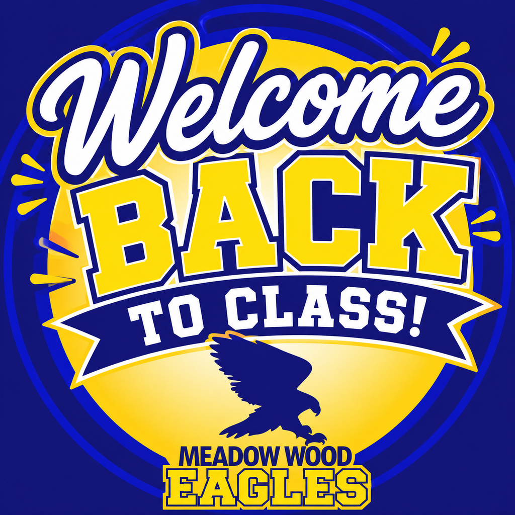 Blue background with a yellow sunburst. Logo reads "Welcome Back to Class!" in yellow, with a blue ribbon and an eagle.