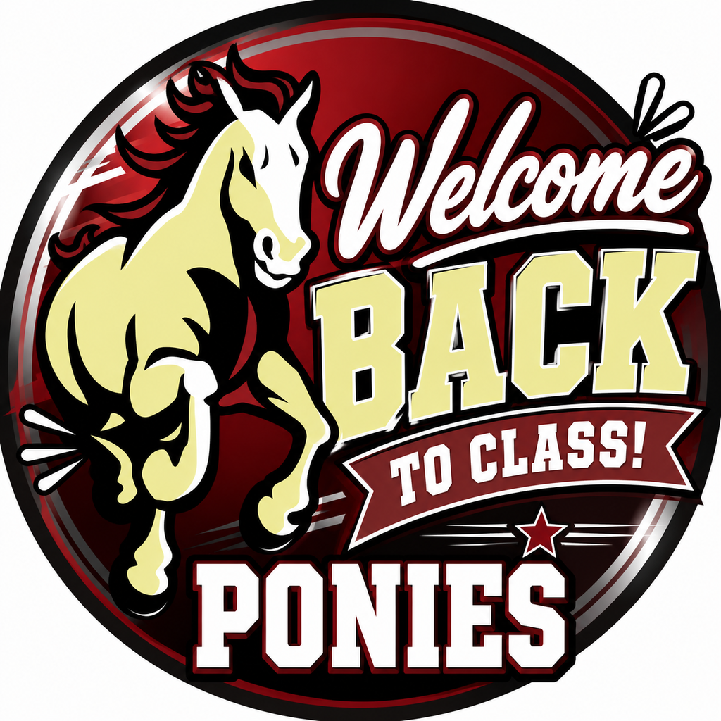 Logo with a horse jumping. Text reads "Welcome Back to Class!" with "Ponies" in a ribbon.