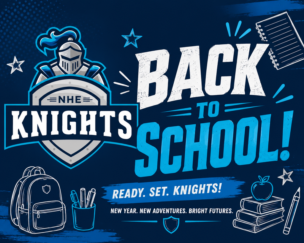 An advertisement features a knight emblem and text reading "Back to School!" with a knight helmet, shield, and stars. Items include a backpack, pencil, pen, notebook, and an apple.