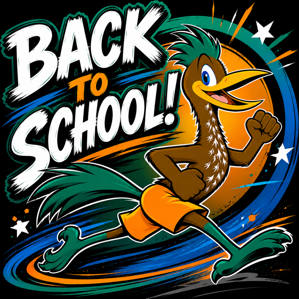 Cartoon rooster runs with fists up, wearing orange shorts, in front of sun with stars. Text reads "BACK TO SCHOOL!"