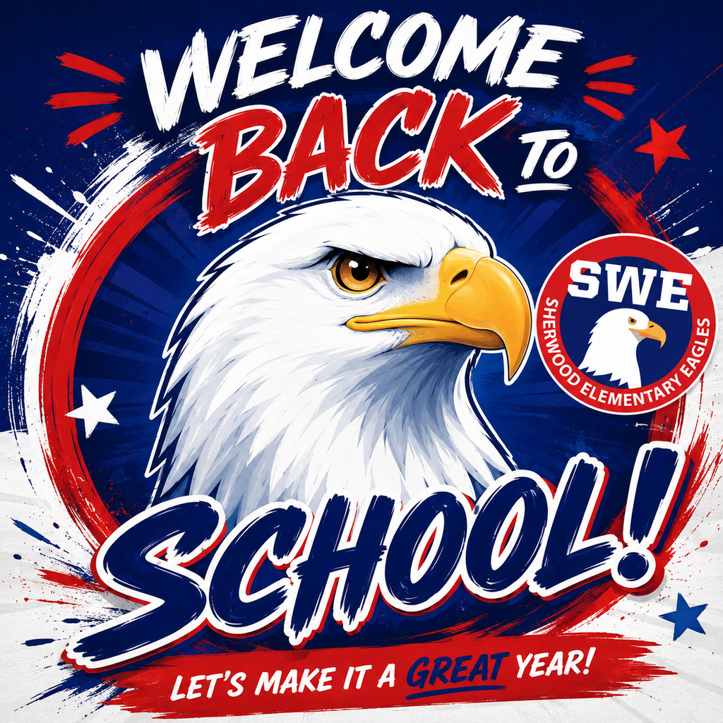 A poster with a stylized bald eagle and "Welcome Back to School!" text. The poster uses red, white, and blue colors.
