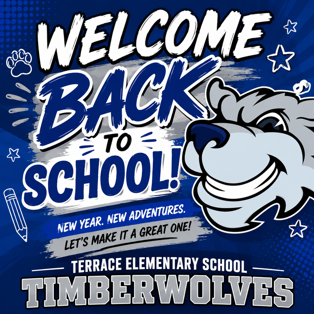 A blue background with white and gray wolf mascot, text "Welcome Back To School!" and "New Year, New Adventures."