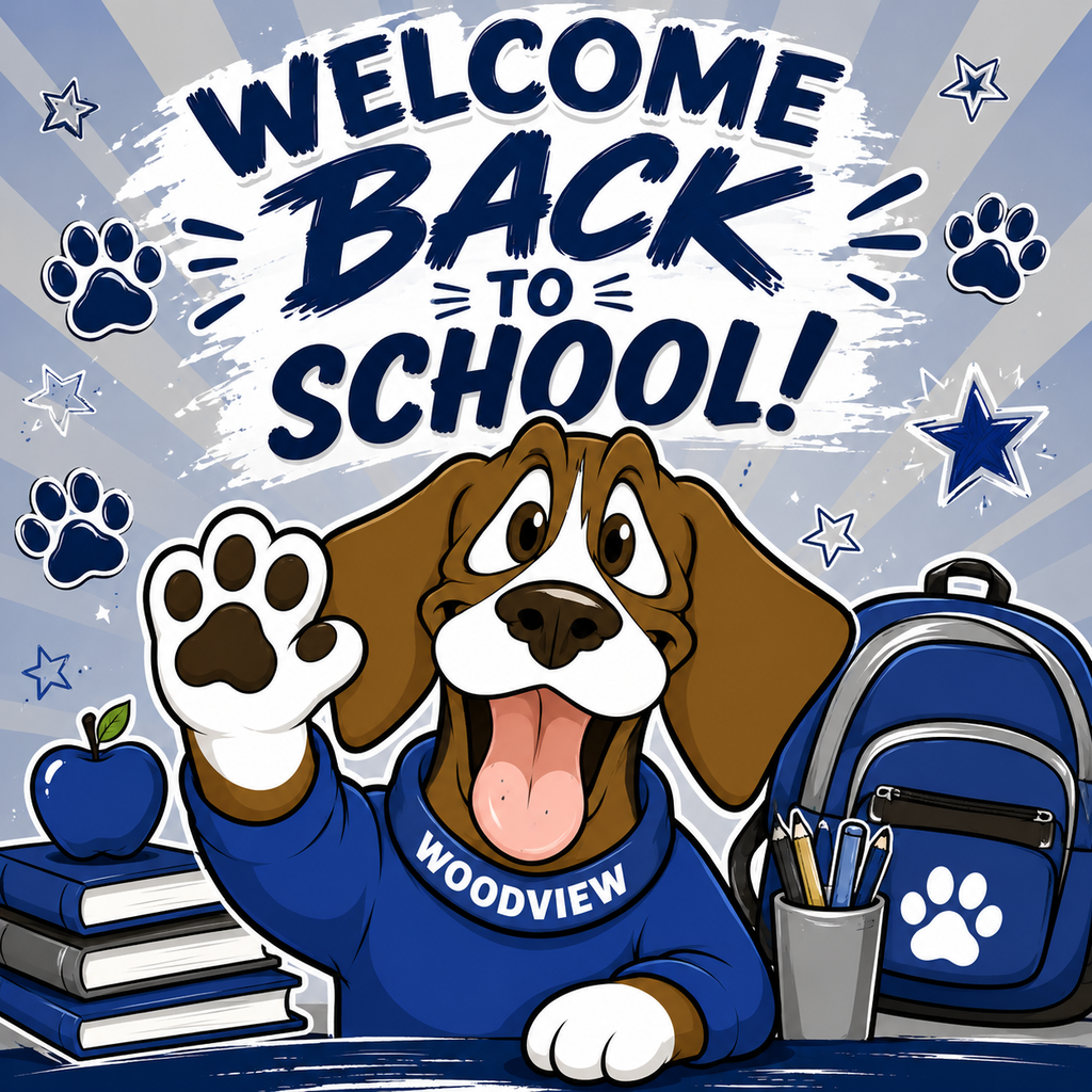 Cartoon dog with blue shirt reading "WOODVIEW" holds up paw, sits at table with books and pencil cup.