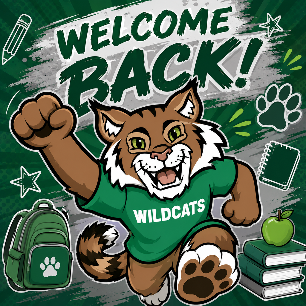A cartoon cat in a green Wildcats shirt jumps up. The background features stars, a paw print, and a green backpack.