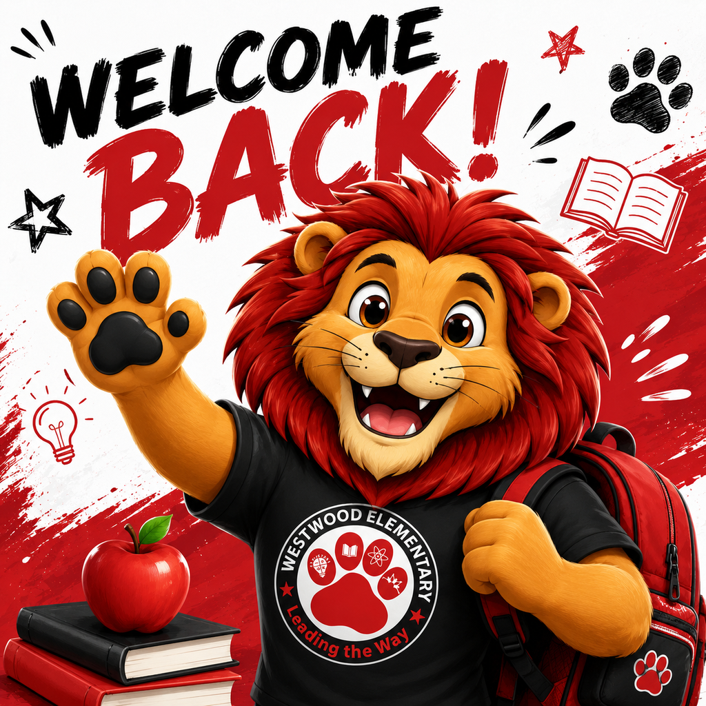 An illustration of a lion with a backpack, waving and wearing a black shirt, with a red background and text.