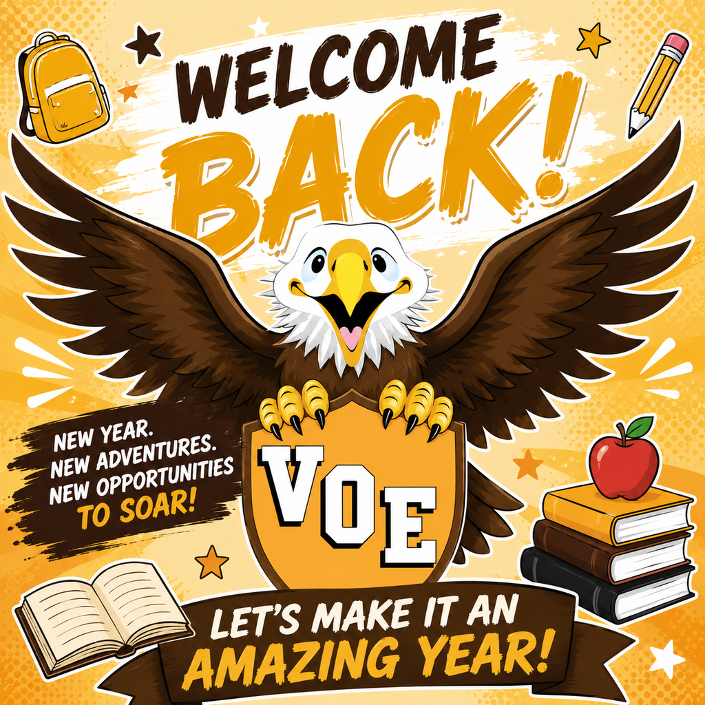 An eagle spreads wings above a shield, holding it with claws. Words "Welcome Back!" and "Let's Make It An Amazing Year!" appear.