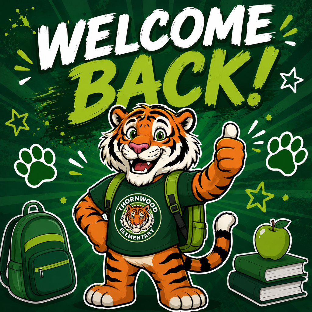 Tiger mascot giving a thumbs up, wearing a green school shirt, with a backpack, apple, and books.