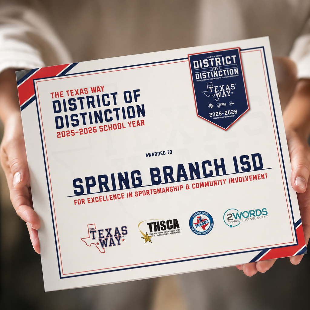 A person holds a certificate. It says "District of Distinction 2025-2026 School Year." Logos for Texas Way, THSCA, and 2 Words are present.