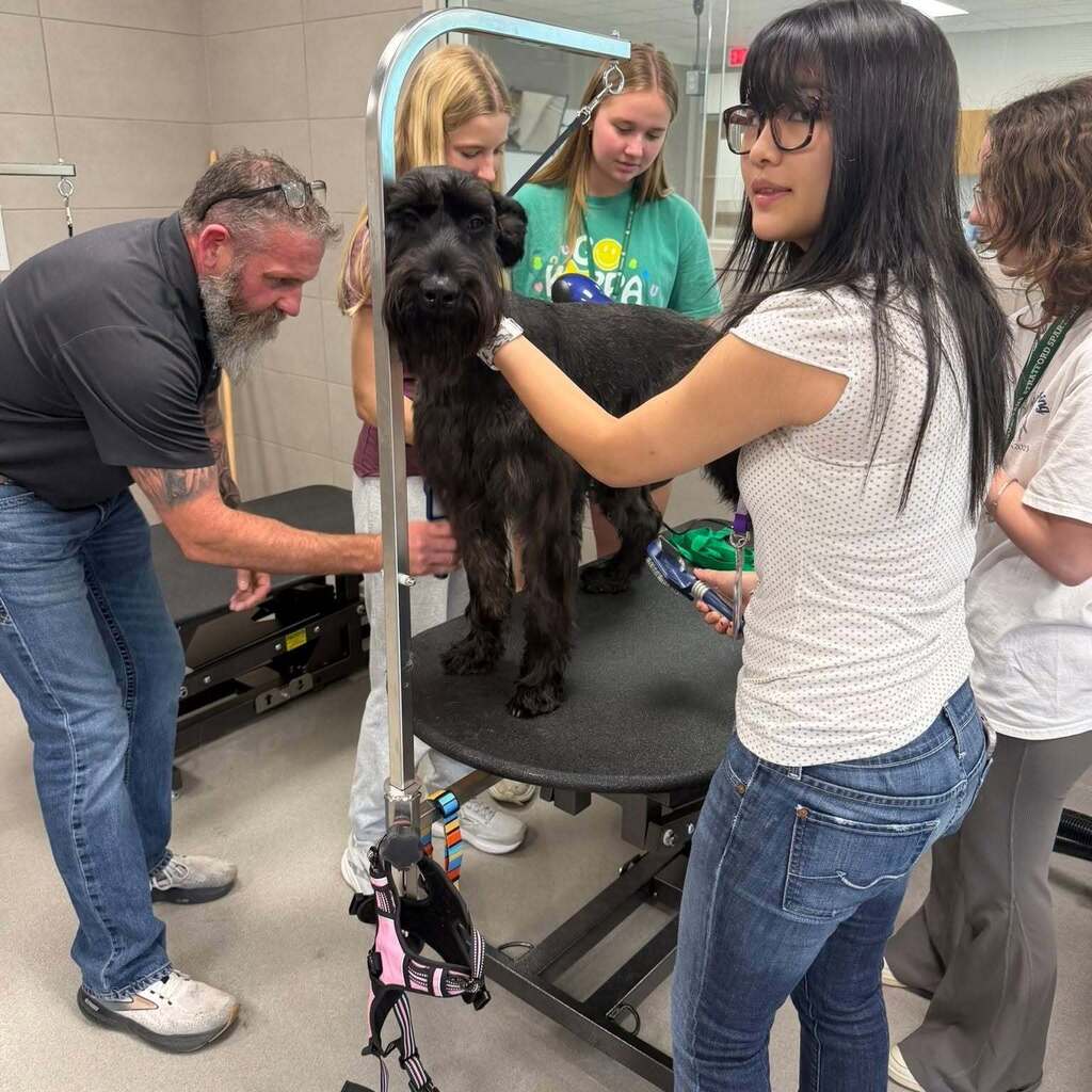 A woman holding a dog while a man helps on a grooming table. Other women stand nearby.