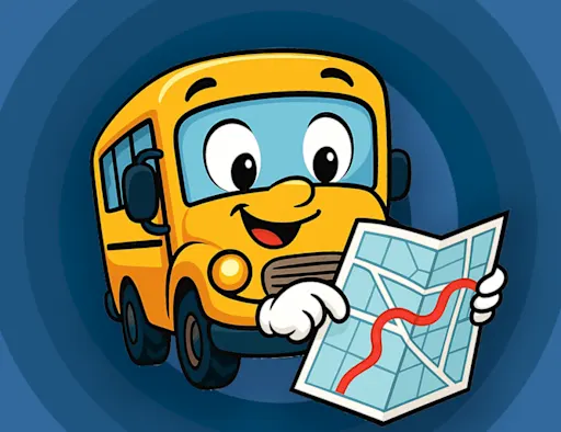 Animated school bus with a smiling face holding a map with a red route line against a blue background.