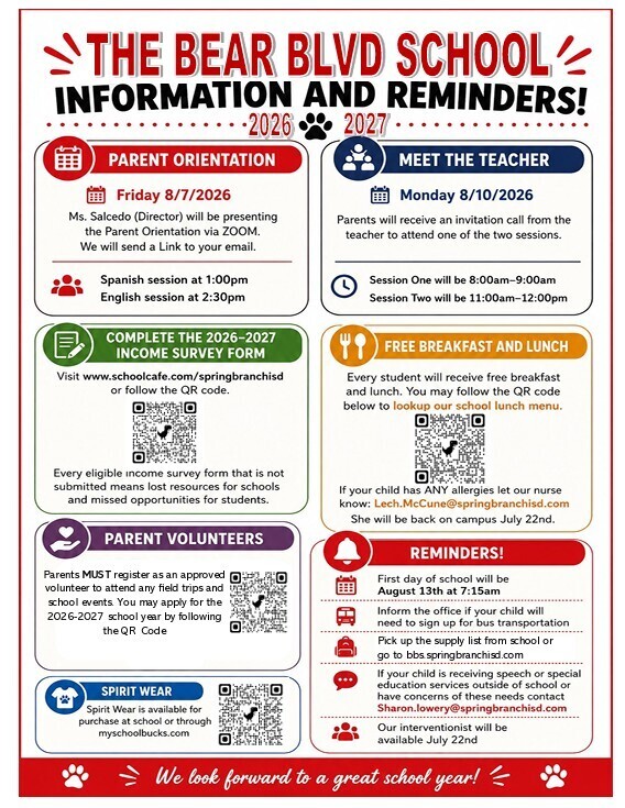 Anticipating a great start for all our incoming families, we want to share important dates and reminders to ensure all our families get ready for the beginning of the 2026-2027 school year! We can't wait to meet our incoming bear cubs!