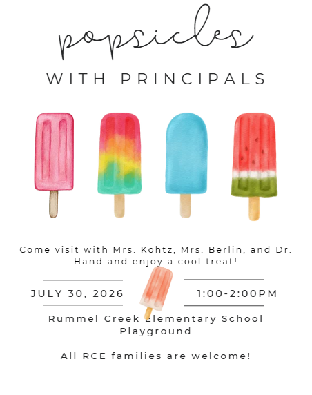 Invitation for a popsicle party with school principals. Four popsicles on a white background. Text includes event details.