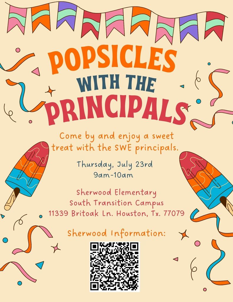 Invitation card with colorful popsicles, party flags, and confetti. Text reads "Popsicles with the Principals" and event details.