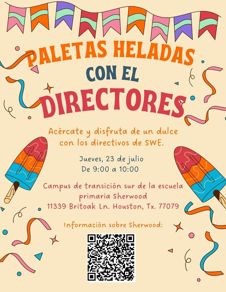 An invitation for an event featuring popsicles and ice cream, with details and QR code. Bright colors and confetti surround the text.