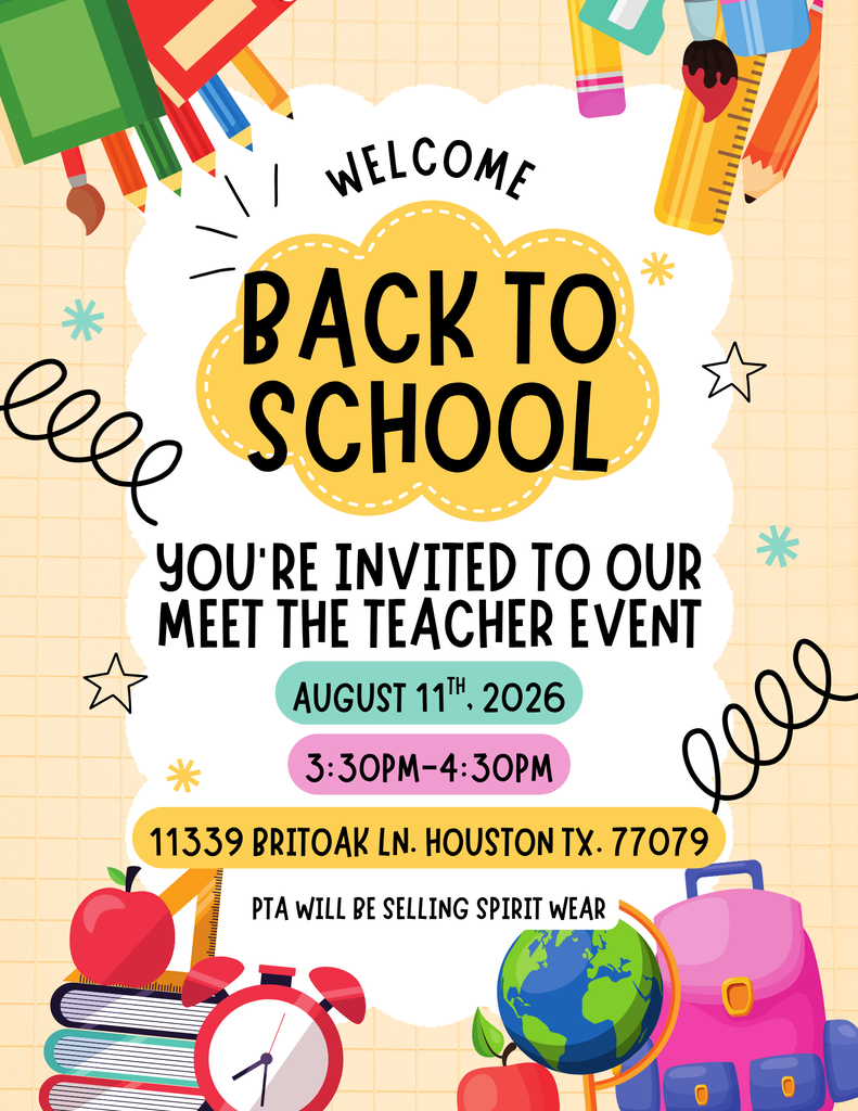 Back-to-school event flyer with colorful school items like pencils, a globe, and books. The text invites attendees to a meet-the-teacher event on August 11, 2026.