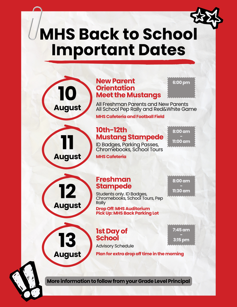 A red and white flyer titled "MHS Back to School Important Dates" lists events from August 10th to 13th.