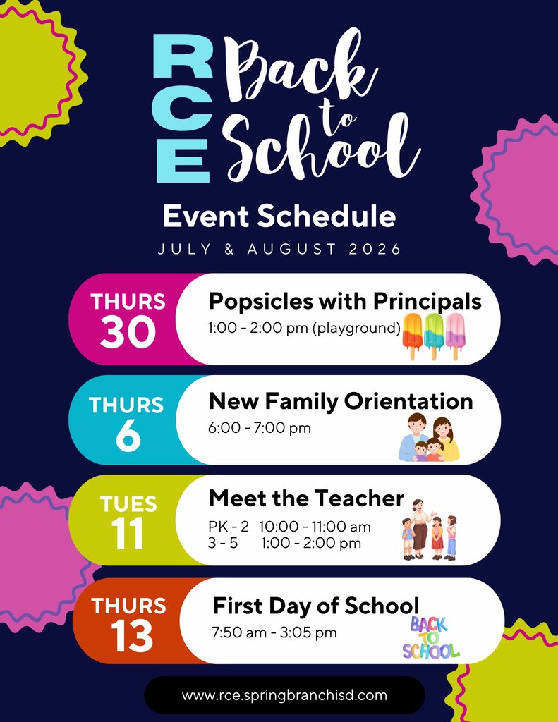 Schedule for Back to School events. Dates and activities: Thurs 30, 1-2 pm, Popsicles with Principals. Thurs 6, 6-7 pm, New Family Orientation.
