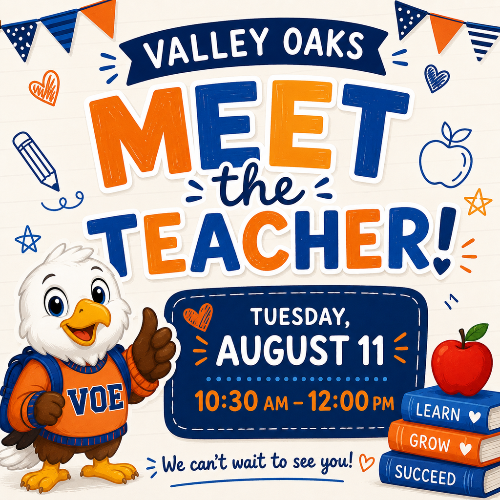 Graphic flyer for Meet the Teacher event on Tuesday, August 11 from 10:30 AM-12:00 PM. An eagle wears a sweater, and a school apple, books, and pencils are in the background.
