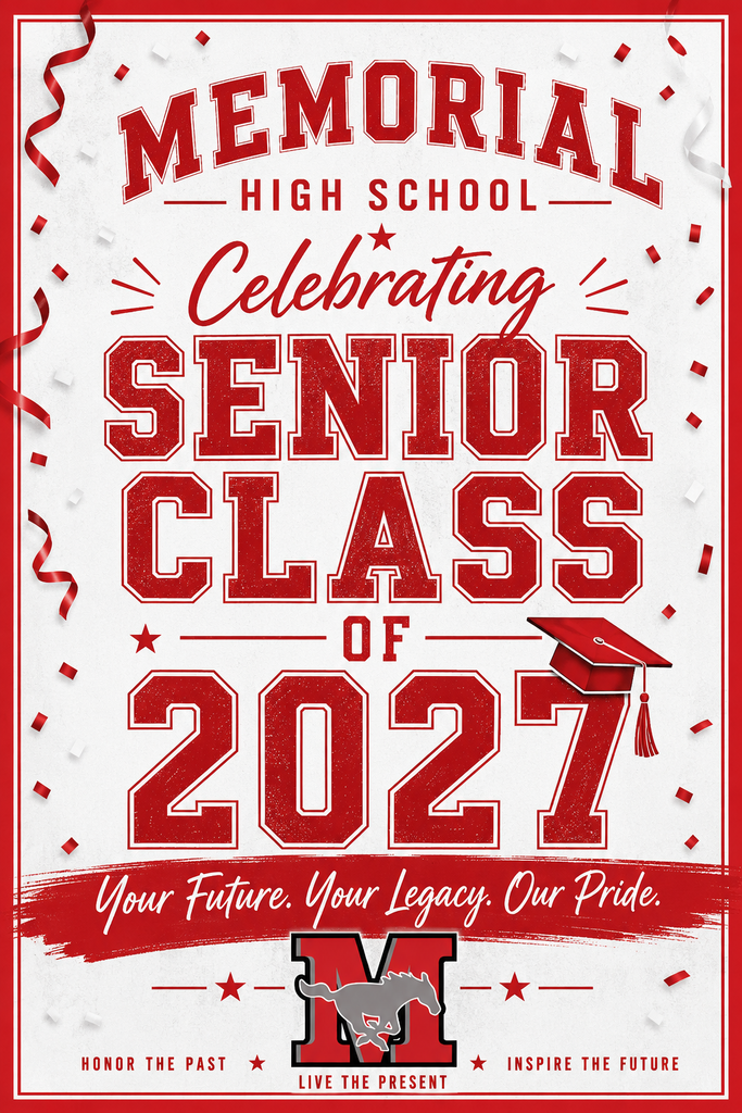 A celebration flyer for Memorial High School's Senior Class of 2027. It features a red and white color scheme with stars and confetti.