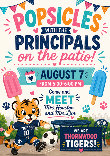 Event flyer for Popsicles with Principals on August 7 from 5:00-6:00 PM. It features a tiger mascot, soccer ball, and principals' names.