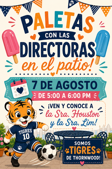 Tiger mascot in a blue jersey kicking a soccer ball, with ice pops, a table, and chairs. Text reads "Paletas con las Directoras en el patio" and "7 de Agosto".