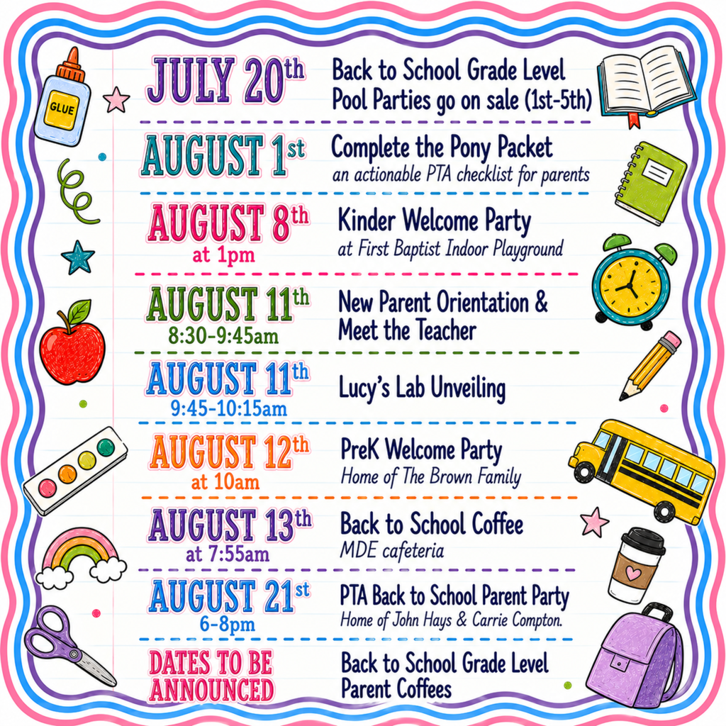 A colorful flyer lists school events and activities from July 20 to August 21, with icons like books, scissors, and a backpack.
