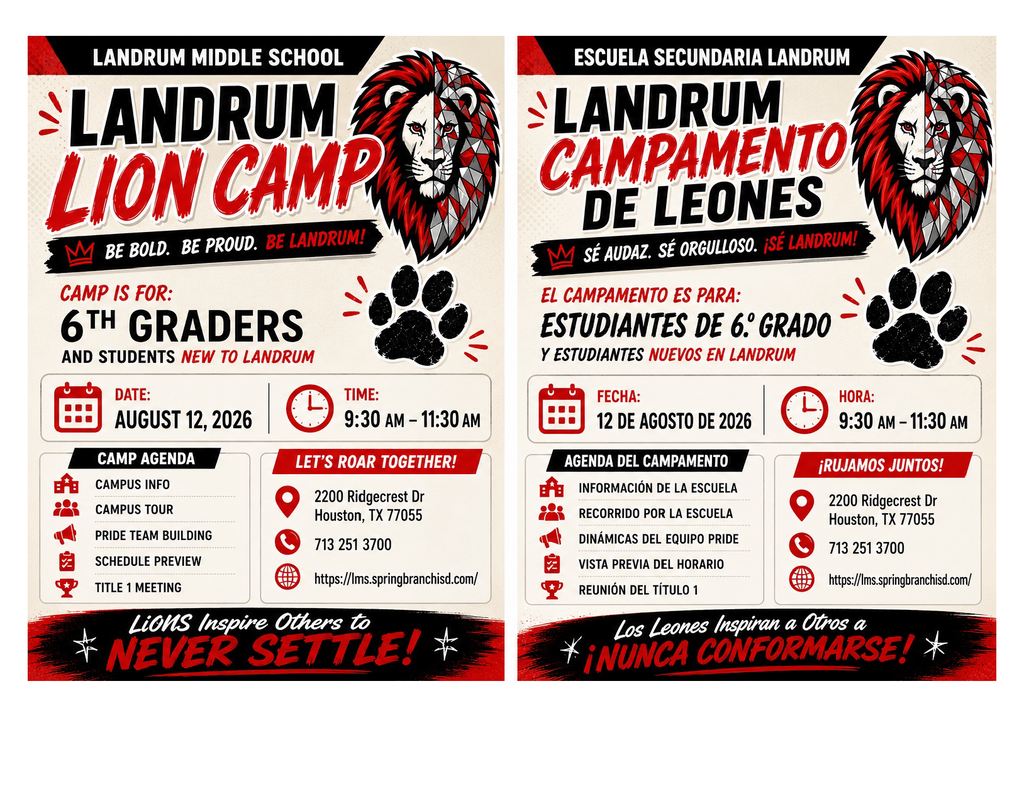 Two posters for Landrum Lion Camp. The first has a red lion and paw print. The second is in Spanish.