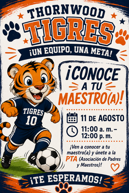A promotional poster featuring a cartoon tiger mascot in blue, holding a soccer ball, and the text "Thornwwood Tigres".