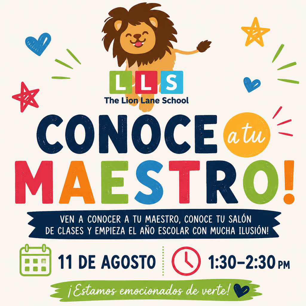 Event poster with a lion, stars, hearts, and text. Title says "Conoce a tu Maestro!" and details event on August 11th.