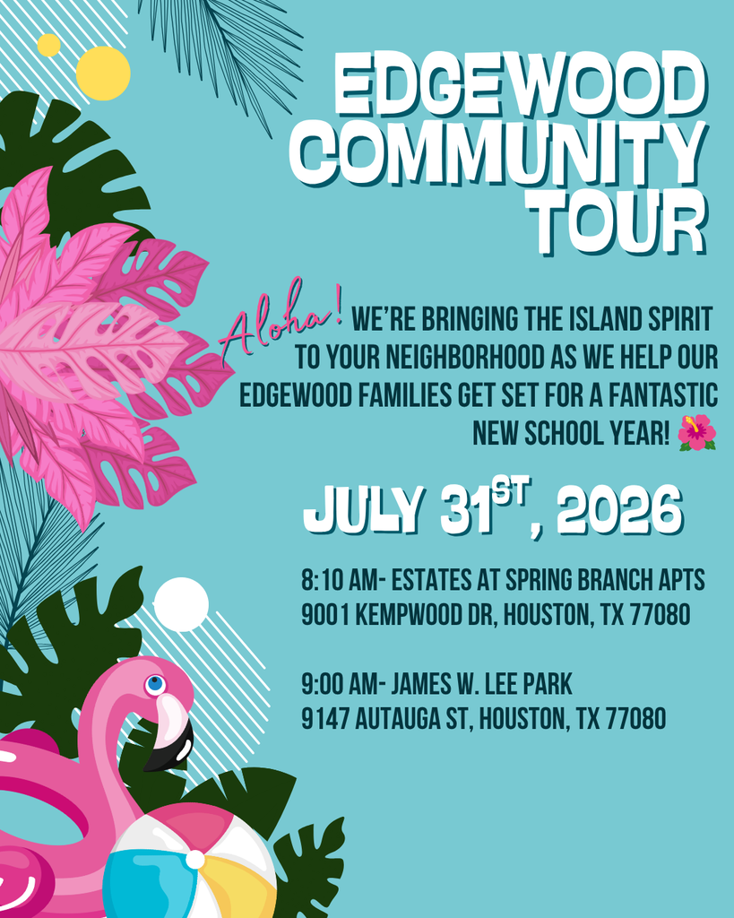 Community tour flyer with a pink flamingo, pink flower, and tropical leaves. Text reads "Edgewood Community Tour" and details two locations.