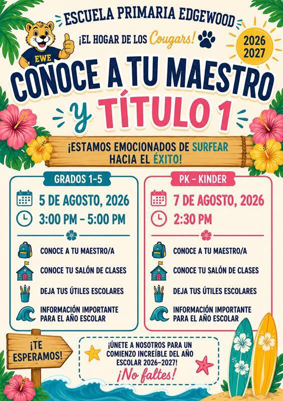 A poster with pink flowers and a beach theme. It highlights an event for parents to meet teachers and learn about the school year.