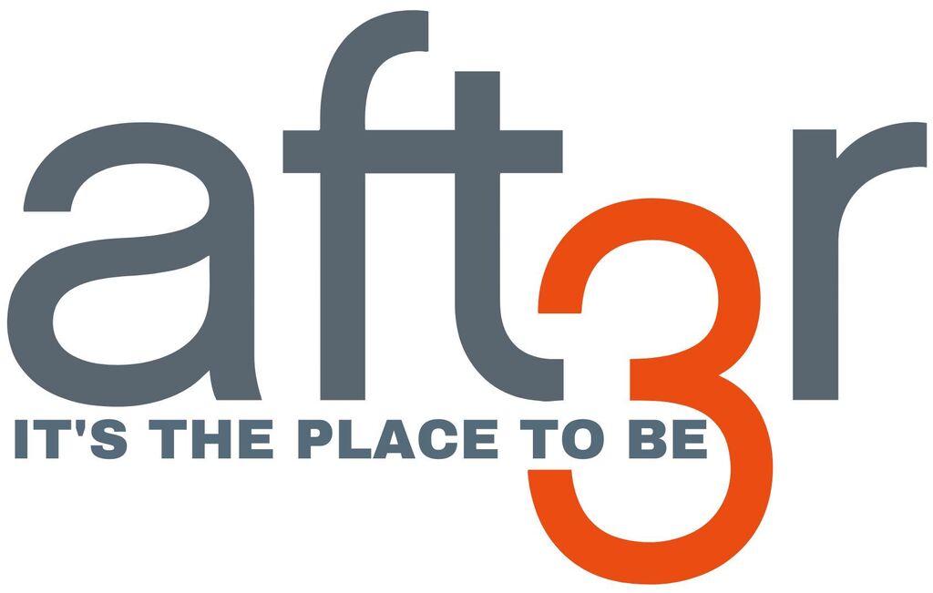 White background with the logo "aft3r" and the phrase "IT'S THE PLACE TO BE" in gray and orange.