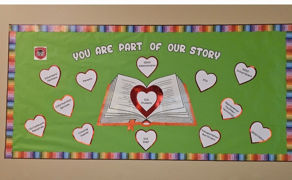 Green banner with "You are part of our story" text, an open book with a heart, and multiple small hearts around it.