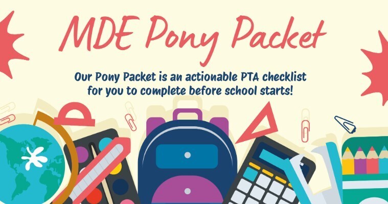 Bright, colorful banner with "MDE Pony Packet" at top, showcasing school items like a backpack, globe, and pencils.