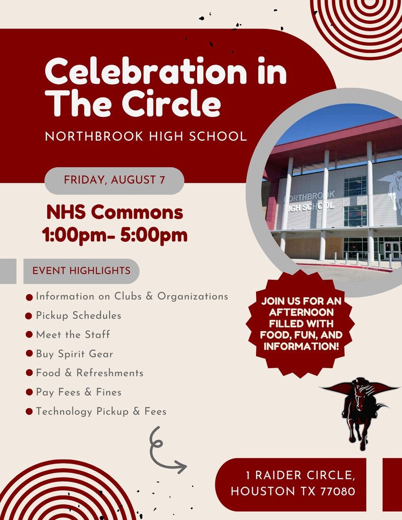 A flyer advertises "Celebration in The Circle" at Northbrook High School. Activities include club info, spirit gear, food, and more.