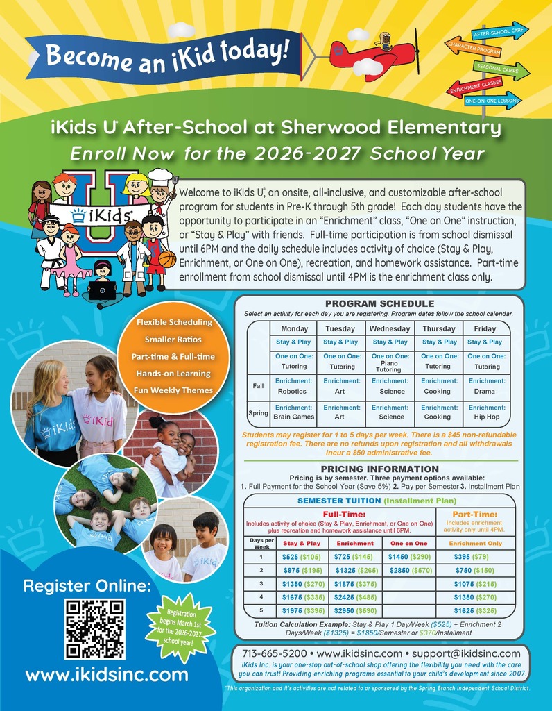 A poster for iKids U After-School at Sherwood Elementary. It includes the program schedule, fees, and enrollment information.
