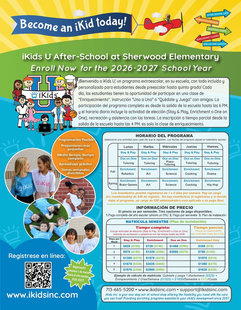 Advertisement for iKids U After-School at Sherwood Elementary, including a schedule, registration information, and a QR code for www.ikidsinc.com.