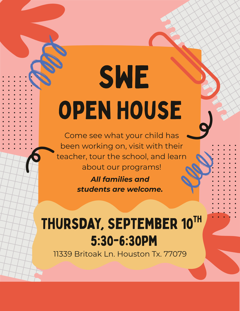 A colorful poster for an open house event. The poster has a yellow center with black text that reads "SWE Open House".