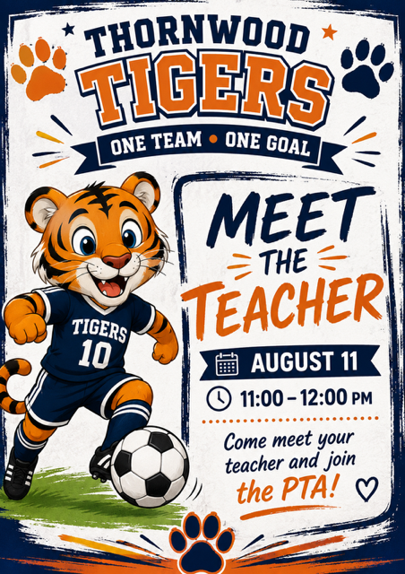 An advertisement with a cartoon tiger in a soccer uniform. It reads "Meet the Teacher" and "August 11 11:00-12:00 PM."